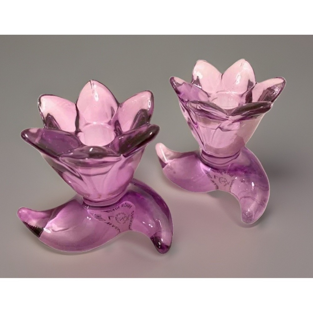 Lenox Art Glass Table Decor Purple Amethyst Candle Holder MCM  4" Art Deco Pair